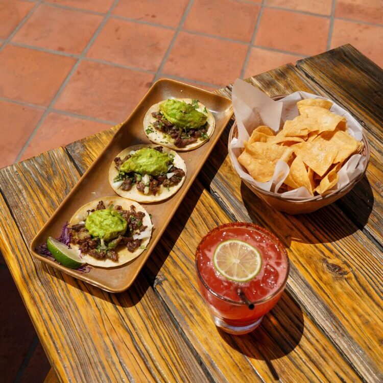 Carne Asada Street Tacos, Chips and margarita