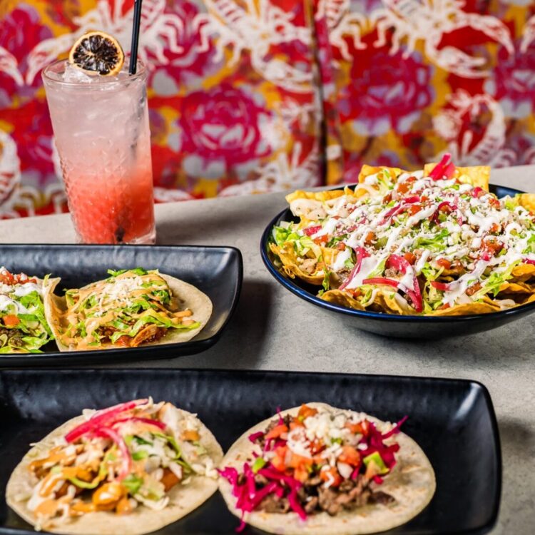 Tacos Nachos and a Coco Naranja Cocktail