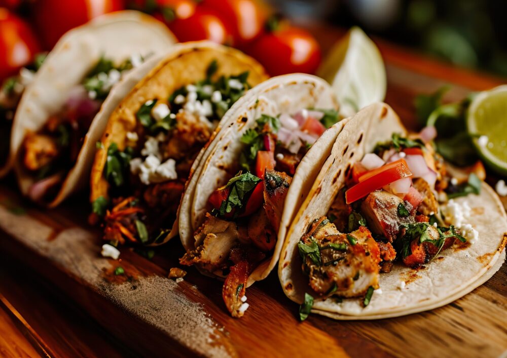 Tacos,Arranged,On,A,Plate,With,Vibrant,Toppings,,Shot,From