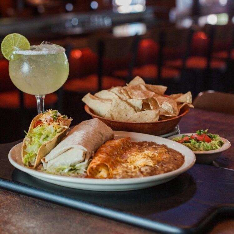 Top Shelf Mexican Food & Cantina - combo plate with margarita chips and guacamole
