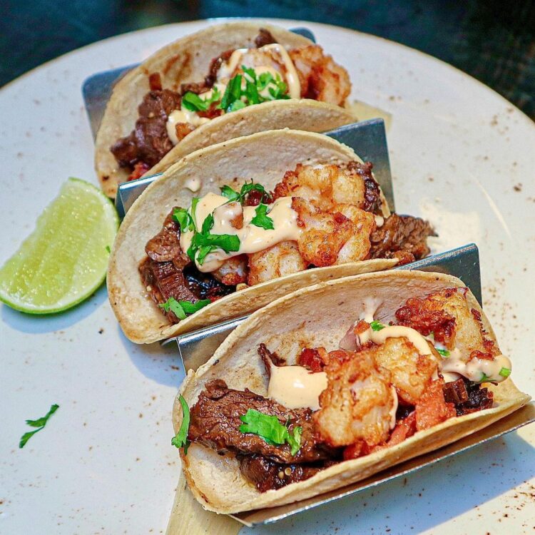 3 shrimp and steak tacos