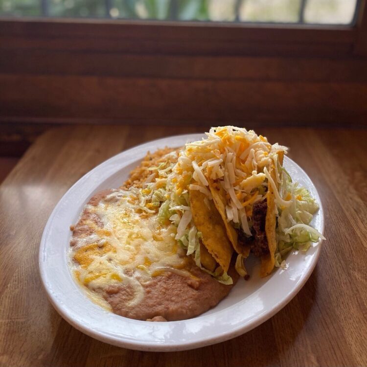 Crispy Beef Taco plate with rice and beans
