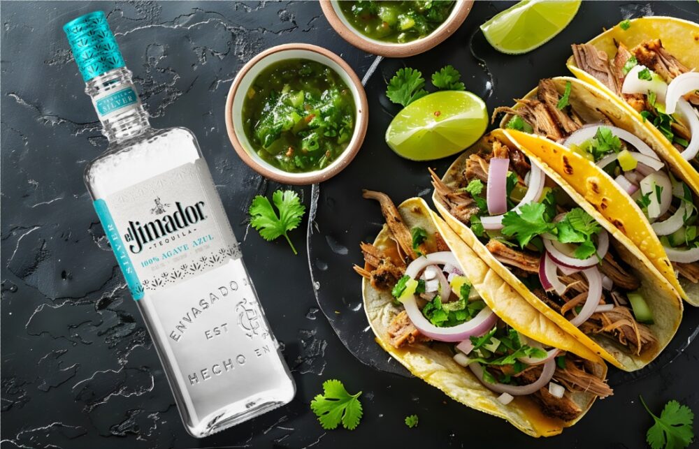 El Jimador and Tacos on black background
