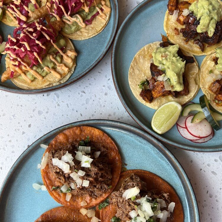 Plates of Birria Tacos ,Tacos de Pescado and Tacos al Pastor