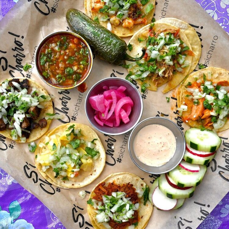 Street Taco Plate with one of each flavor tacos and garnishes