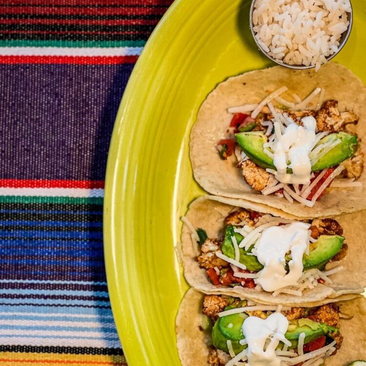 Vegan Cauliflower Adobo Tacos with side of rice