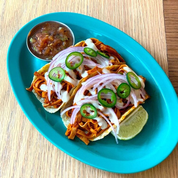 Yuba Barbacoa Tacos on blue plate