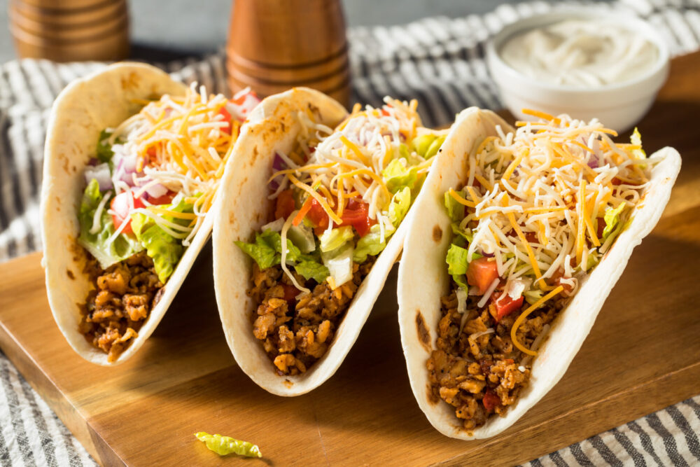 Ground Turkey Soft Shell Tacos with Lettuce, Tomato, and Cheese