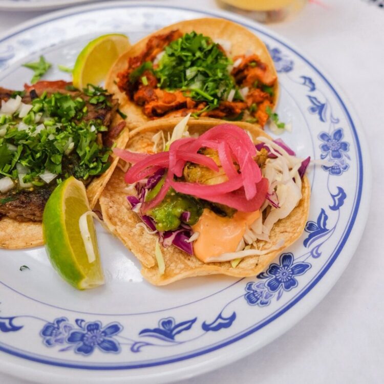 3 Tacos - Pollo Adobo Pescado and Bistec con Queso