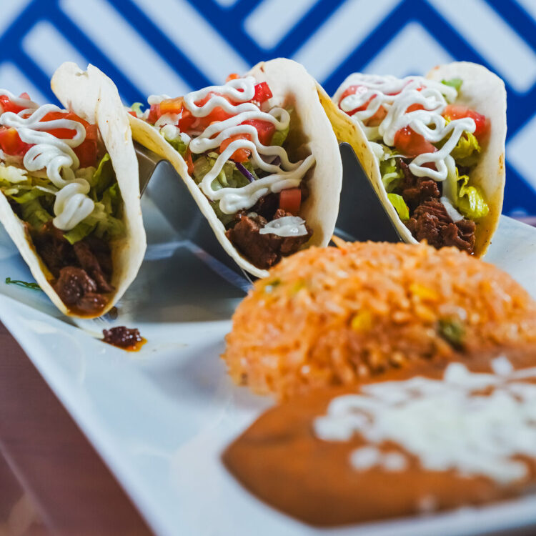 3 steak tacos beans and rice