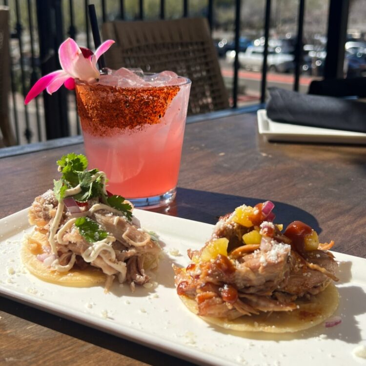 Brunch pork tacos and margarita