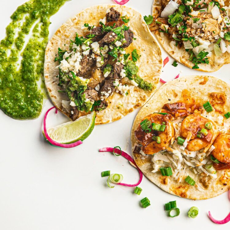 Grilled Steak Chicken Tinga and Grilled Shrimp Tacos