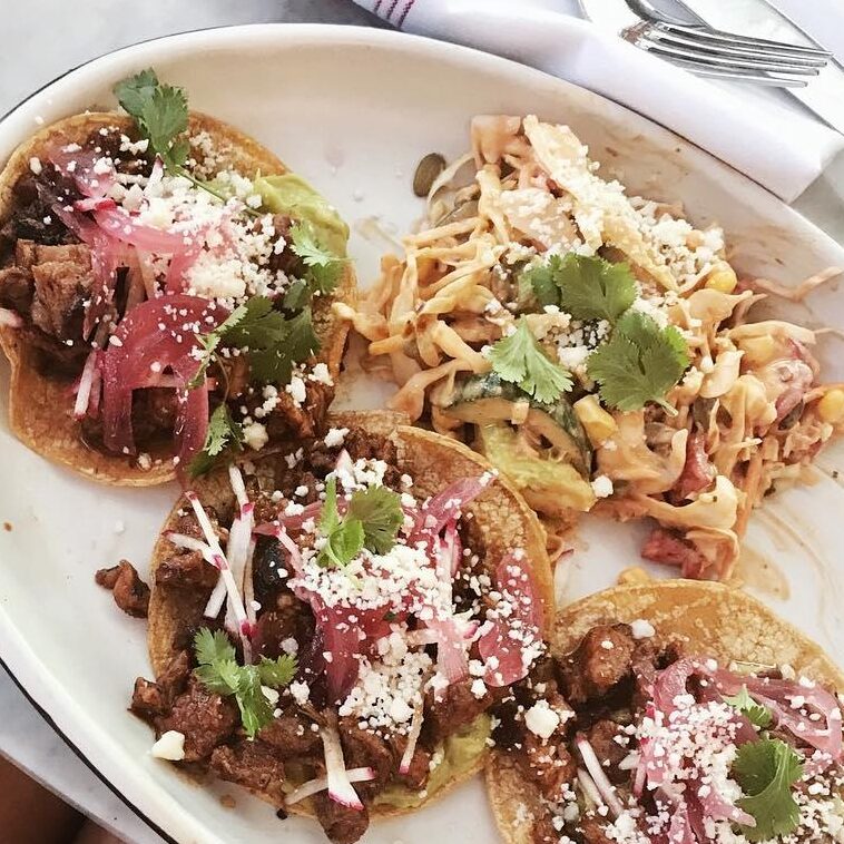 Grilled Steak Tacos with smashed avocado cotija pickled onion salsa guajillo