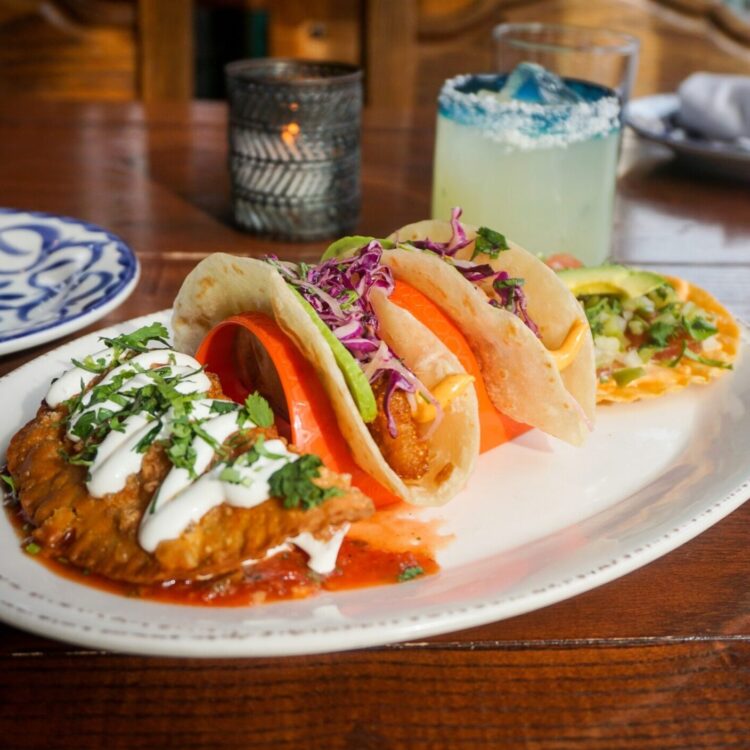 ahi tuna tostada shrimp corn empanada and baja fish tacos