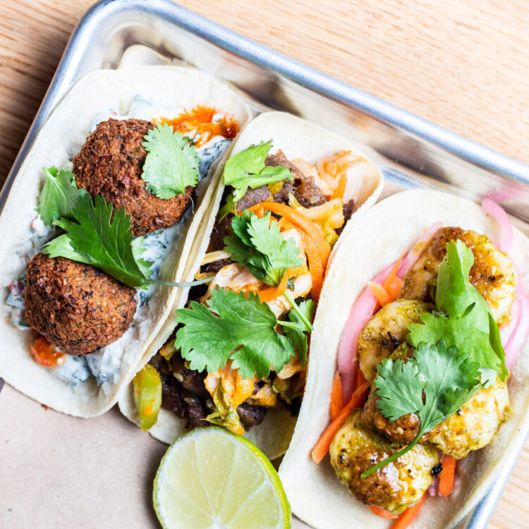 2 Tacos on metal tray