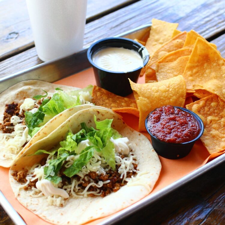 2 taco plate with chips and dips