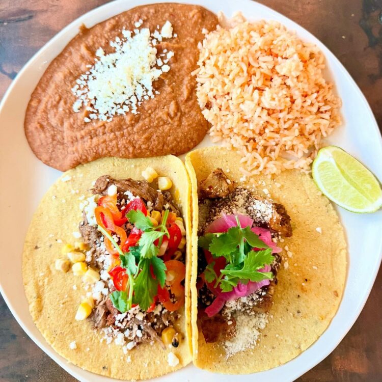 Minero tacos plate with rice and beans