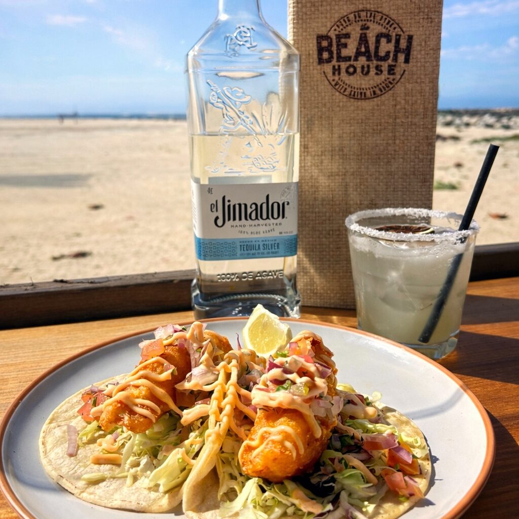2 Fish Tacos and El Jimador Margarita on the beach
