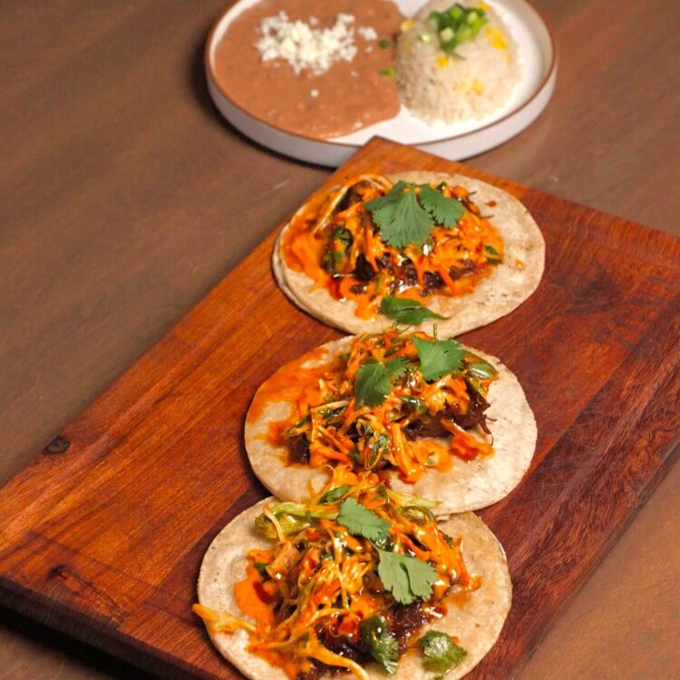 3 Tacos. beans and rice