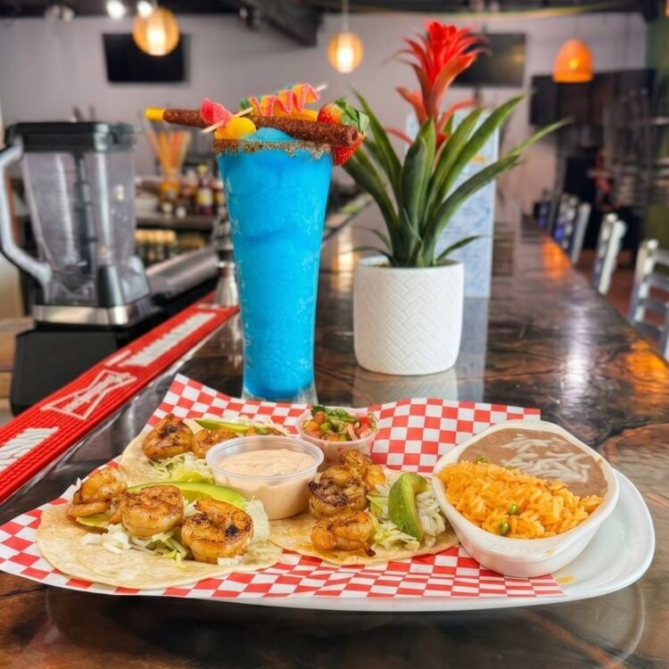 Shrimp Taco Plate with blue frozen margarita