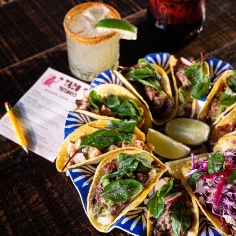 Tray of tacos with a margarita