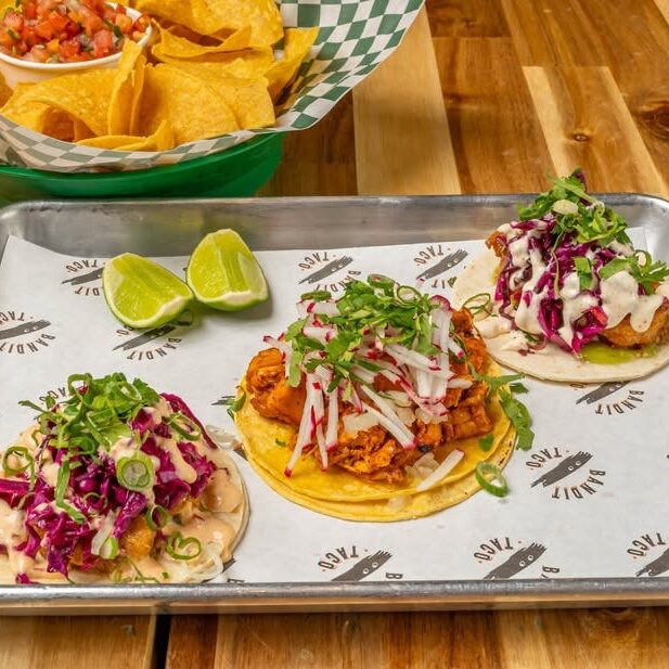 Bandit Taco Cripsy Shrimp Tacos and shredded chicken taco