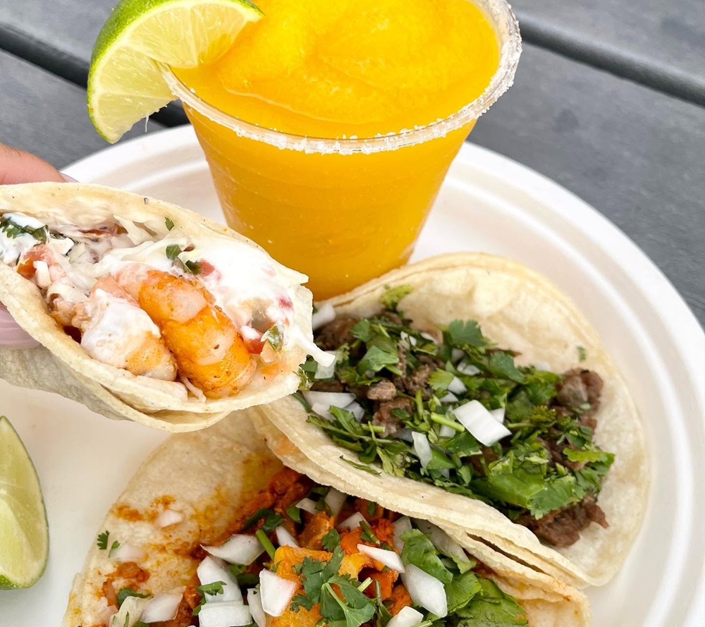 Patricias Taqueria Carne Asada taco, al pastor taco, shrimp taco and frozen mango margarita