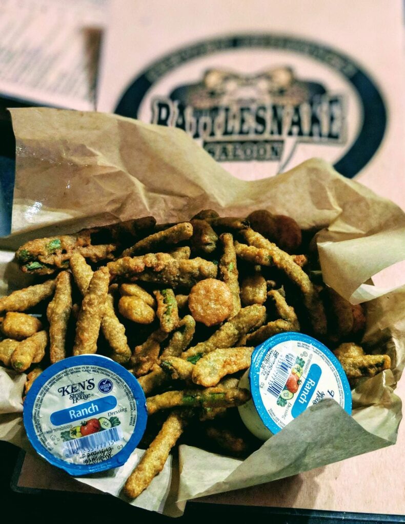 Rattlesnake Saloon snake eyes and tails - Fried greenbeans and jalapenos