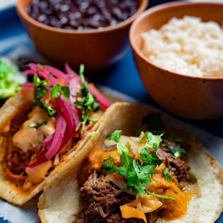 Taco plate with rice and beans