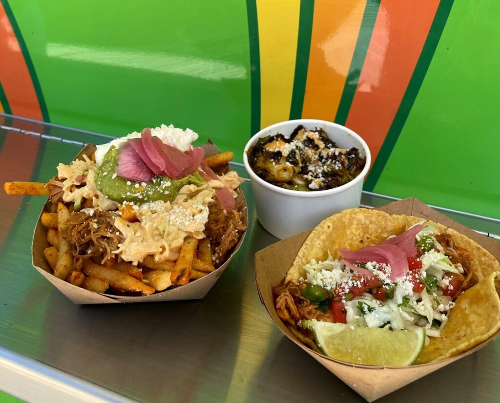 The Lime Truck oaded Carnitas Fries, Legendary Brussels, Rojo Chicken Taco