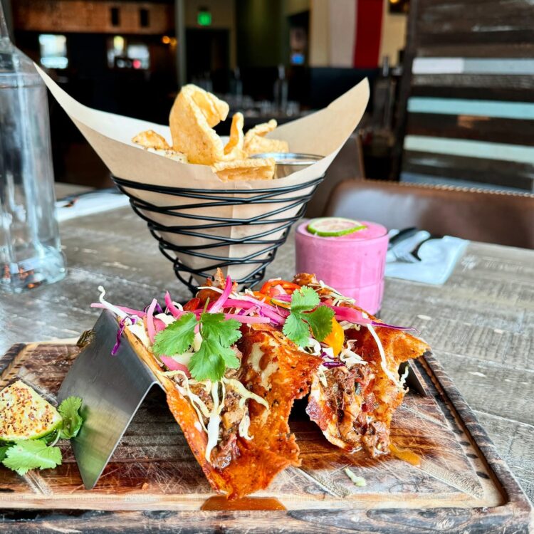 grilled cheese tacos with brisket picadillo and fresh chicharrones