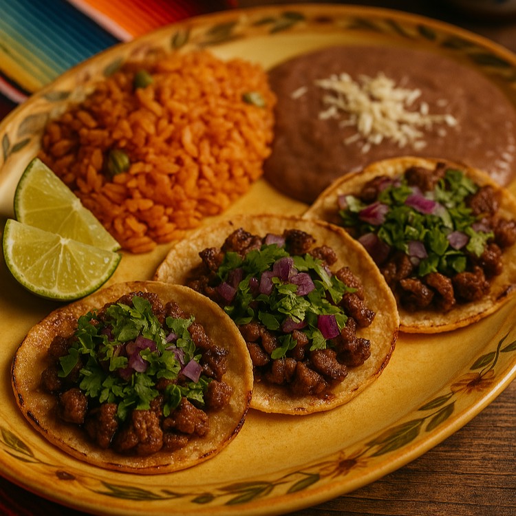 3 tacos with rice and beans