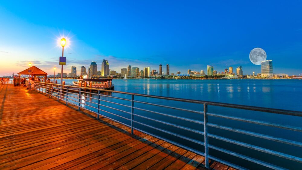 Wooden,Walkway,At,Evening,On,Coronado,Pier,With,Docked,Ferry