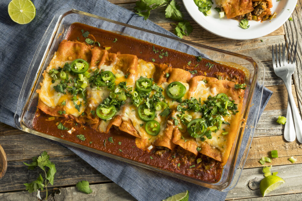 Homemade,Beef,Enchiladas,With,Red,Sauce,And,Cilantro