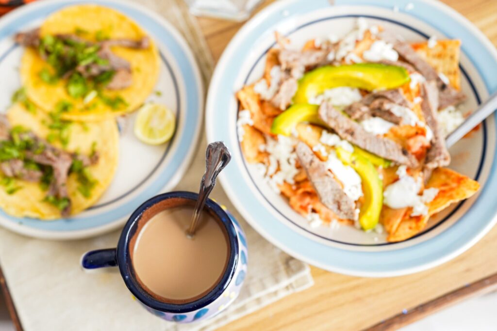Overhead,View,Of,A,Delicious,Mexican,Breakfast,Featuring,Chilaquiles,,Tacos,