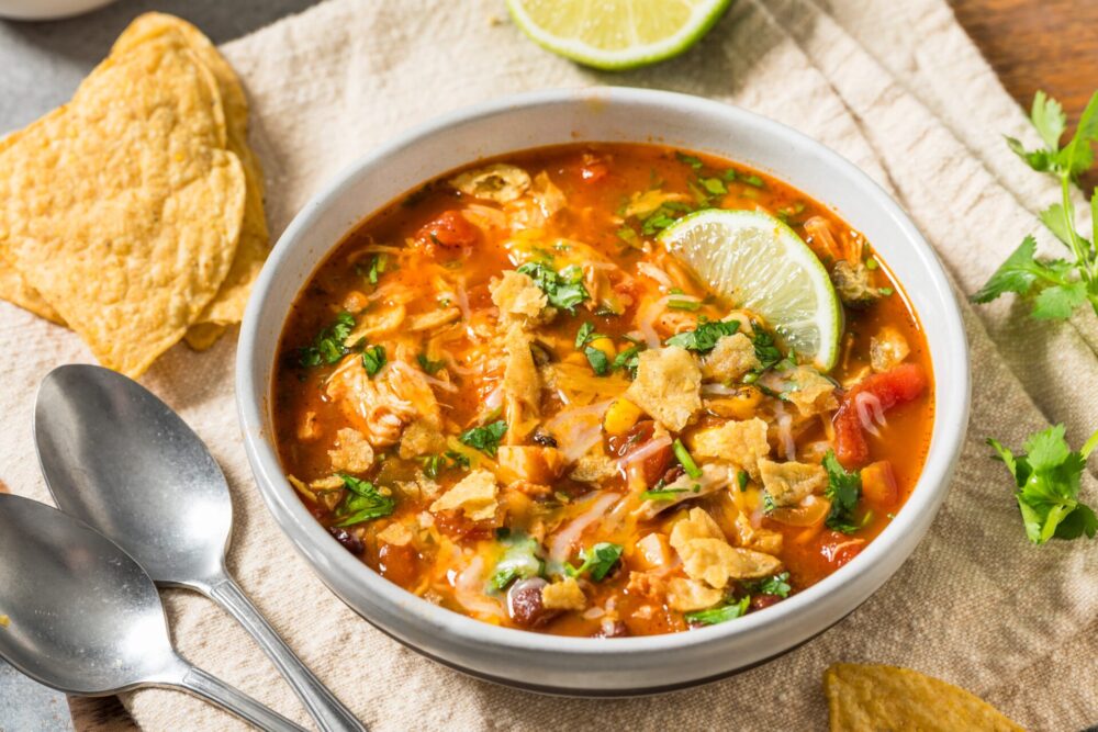 Savory,Homemade,Chicken,Tortilla,Soup,With,Beans,And,Corn
